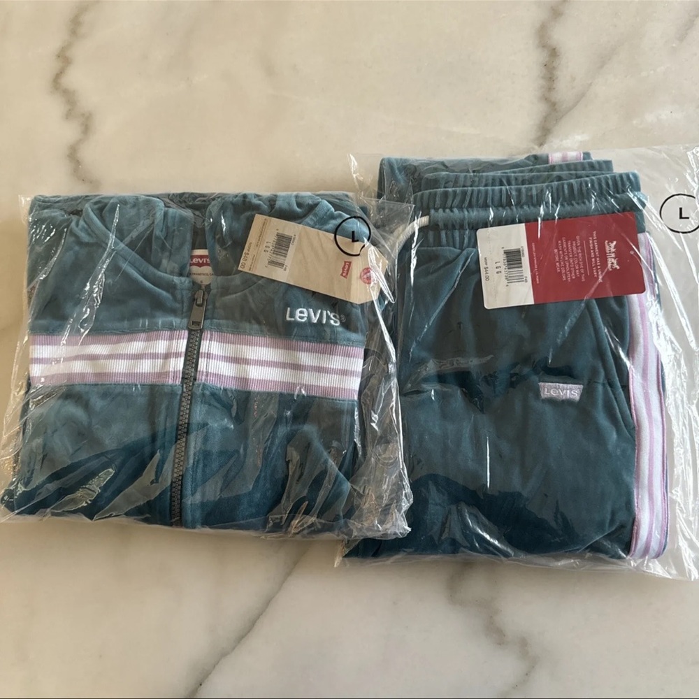 😍Levi's Girls Velour Jogger Pants And Jacket Set Blue Teal